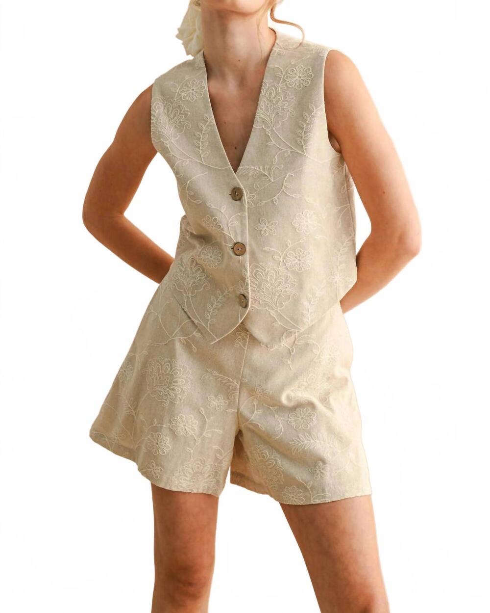NEW MIOU MUSE lovely in linen floral embroidered vest in oatmeal